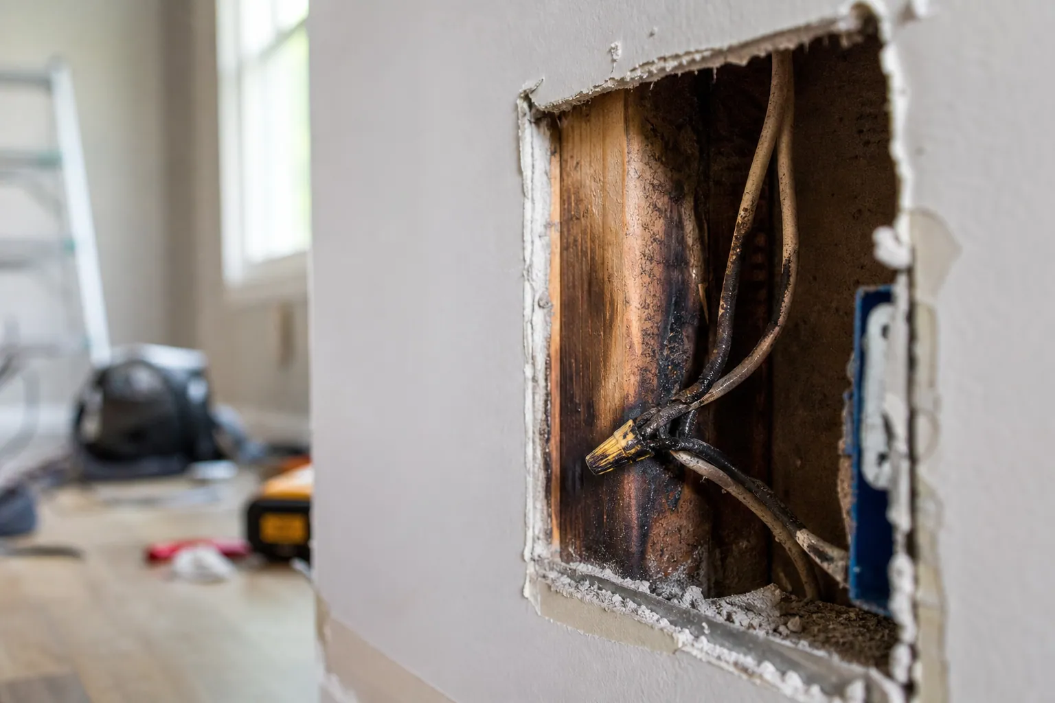 Scorched electrical wiring exposed in an open wall cavity, a hidden home fire hazard