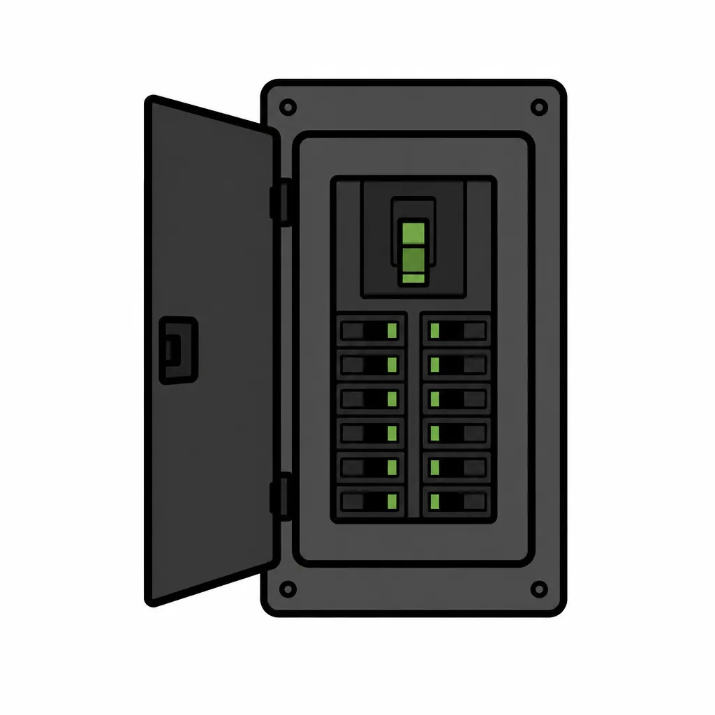 Open breaker panel with rows of switches, representing panel and breaker upgrades