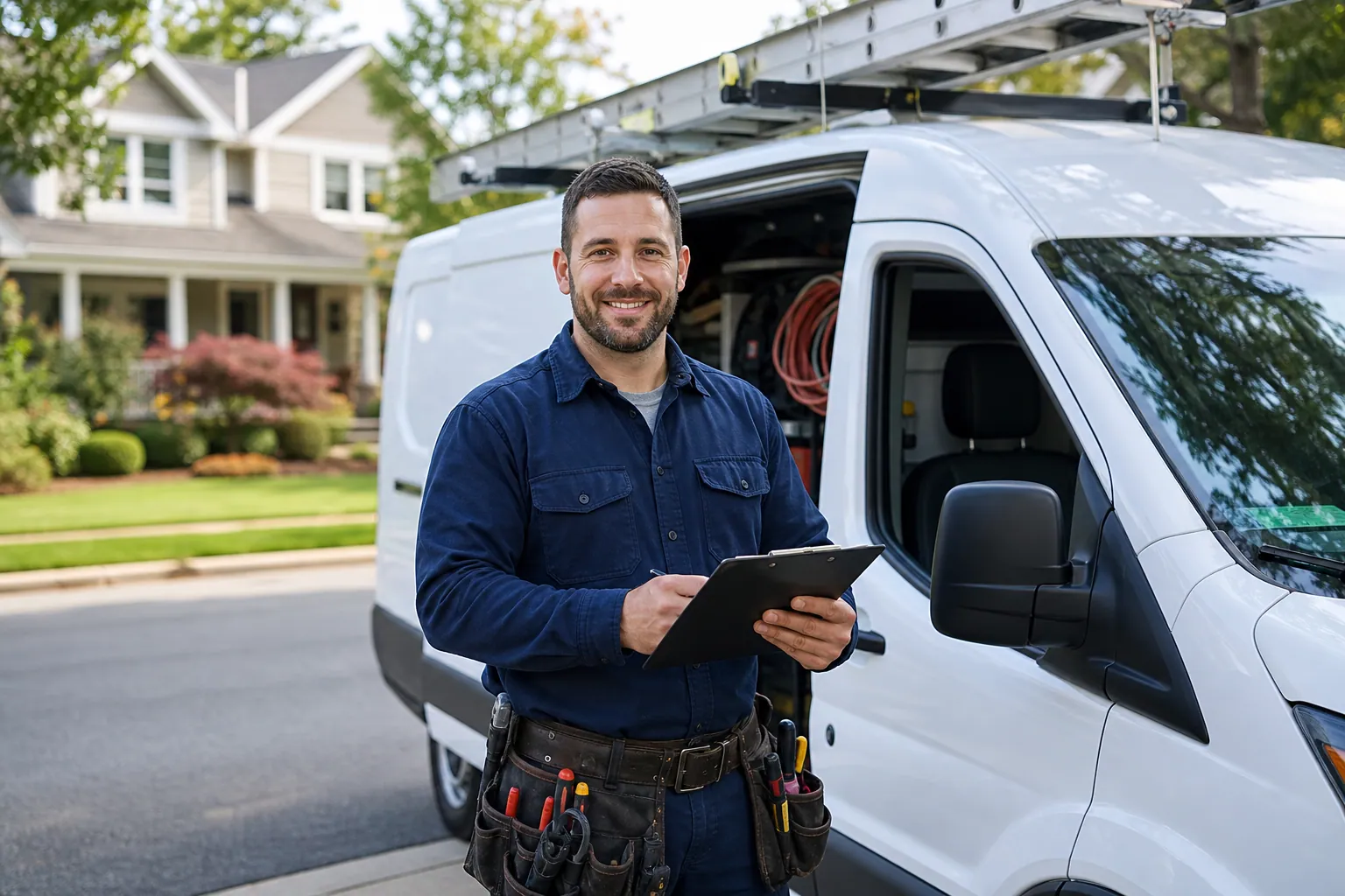 Smiling Acme Electric technician with clipboard beside a white service van outside a home